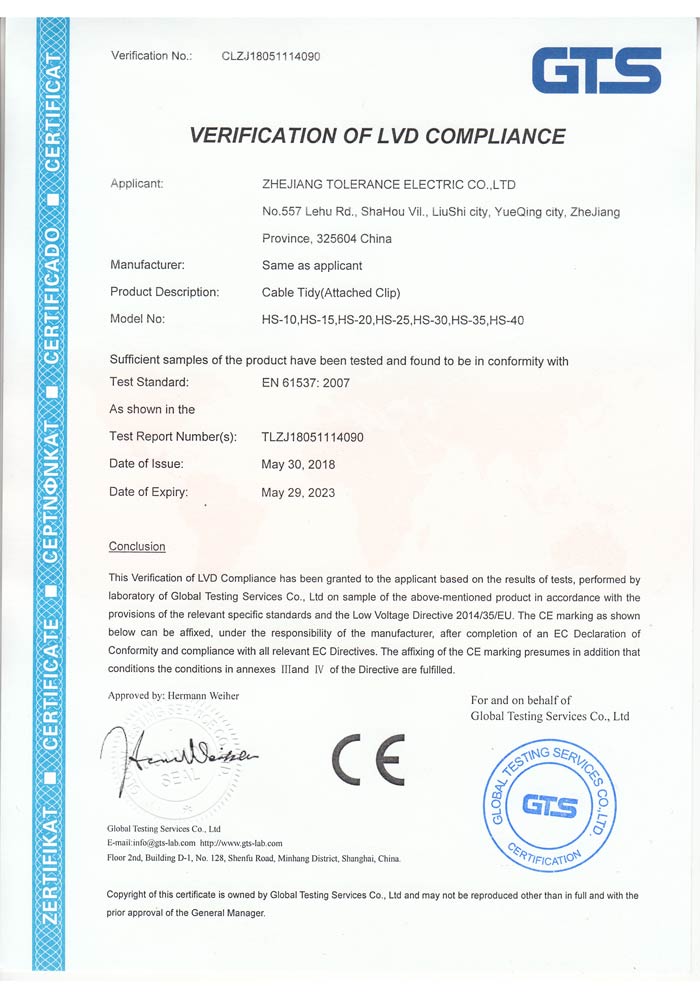 Certificado CE para cable Tidy (clip adjunto)