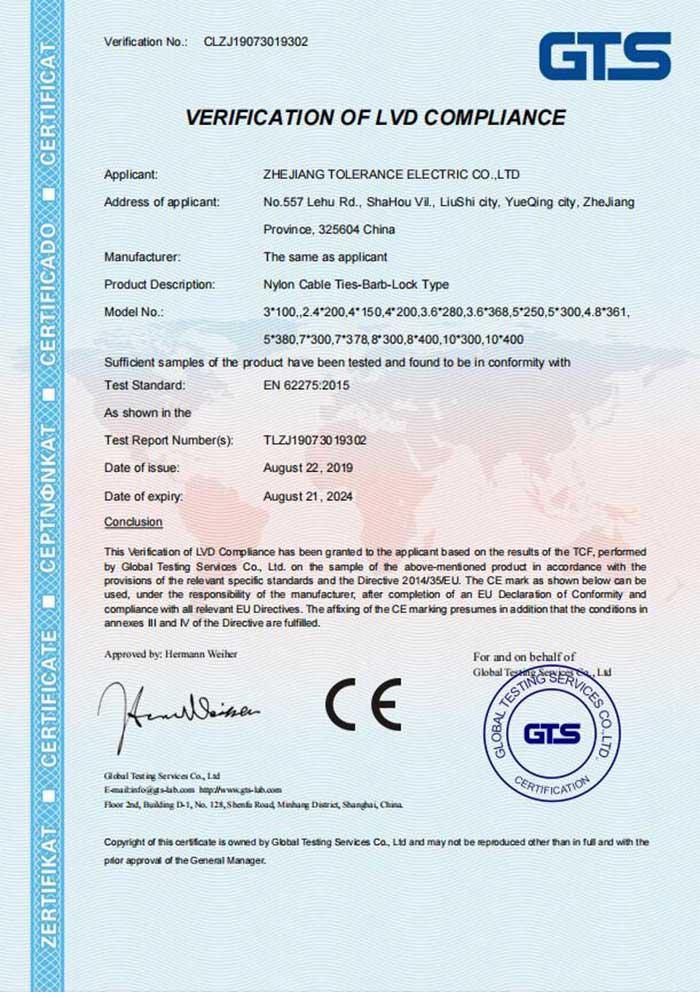 Certificado CE para bridas de cables de nailon tipo púa-bloqueo